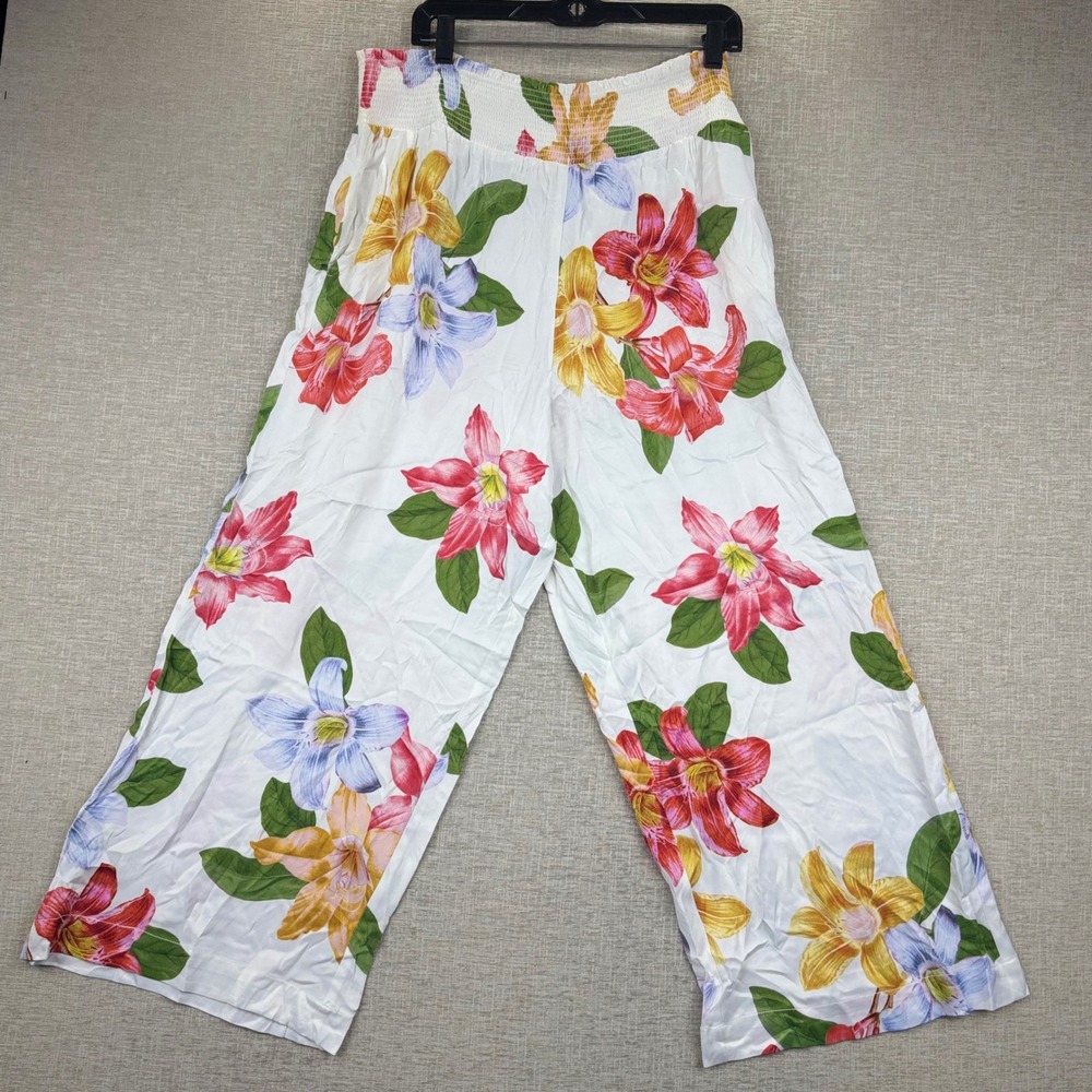 Maeve Womens XL Anthropologie Floral Wide Leg Smocked Pants White Tropical Lily